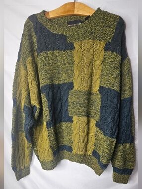 Vtg 90s New River Chunky Cable Knit Sweater Large Green Blue Colorblock Grunge